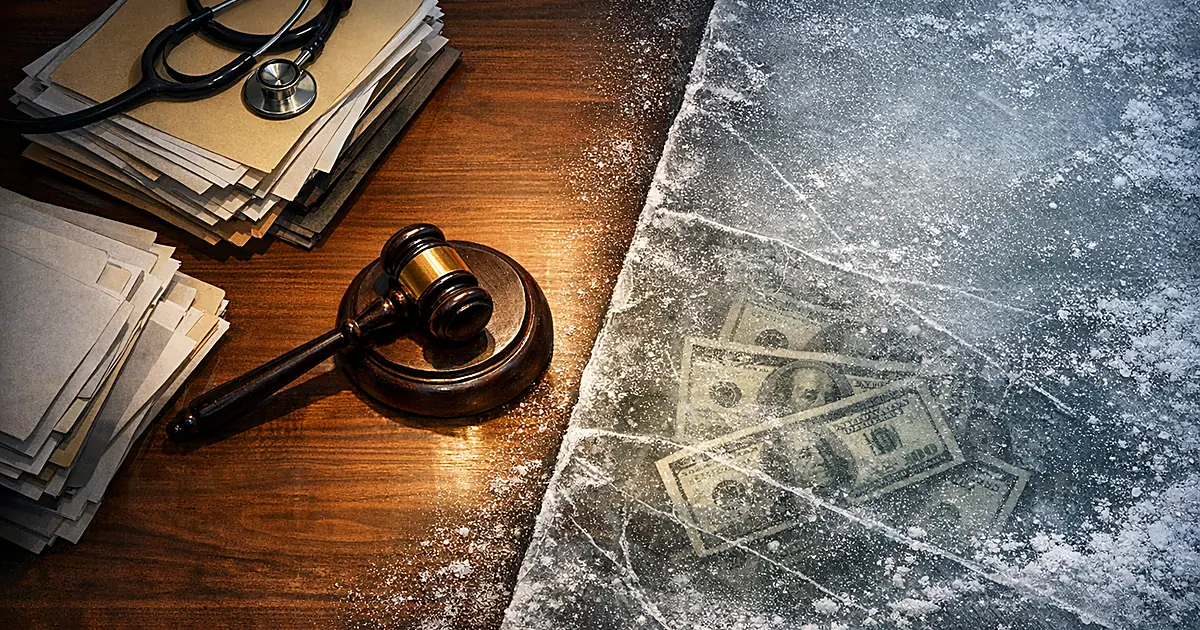 Desk split between light and frozen sections with documents, gavel, and money trapped in ice representing Medicaid freeze