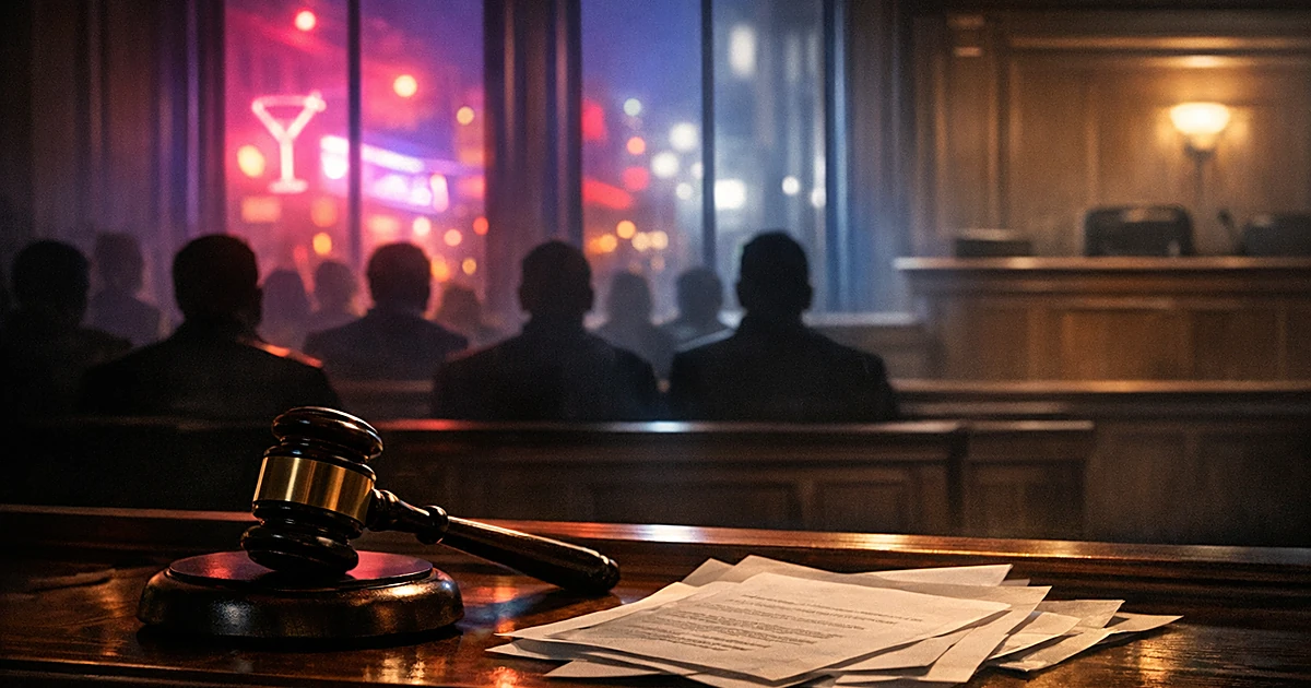 Courtroom with gavel and silhouetted figures, nightclub lights visible through windows creating contrast