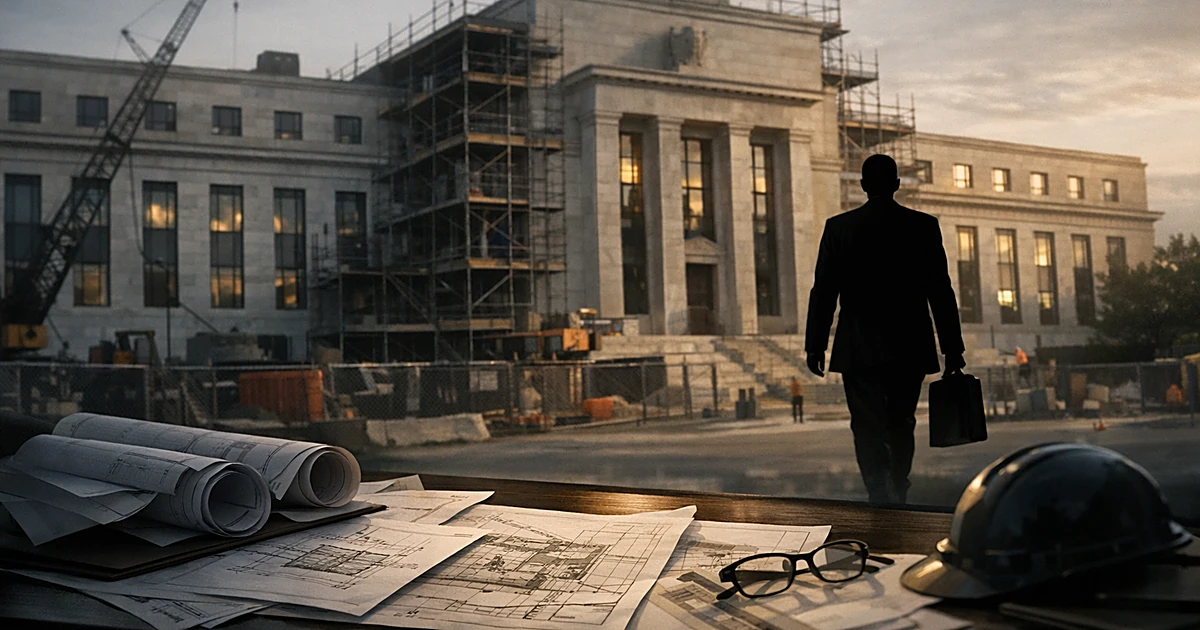 Silhouetted figure walking from building under renovation with construction documents on desk in foreground