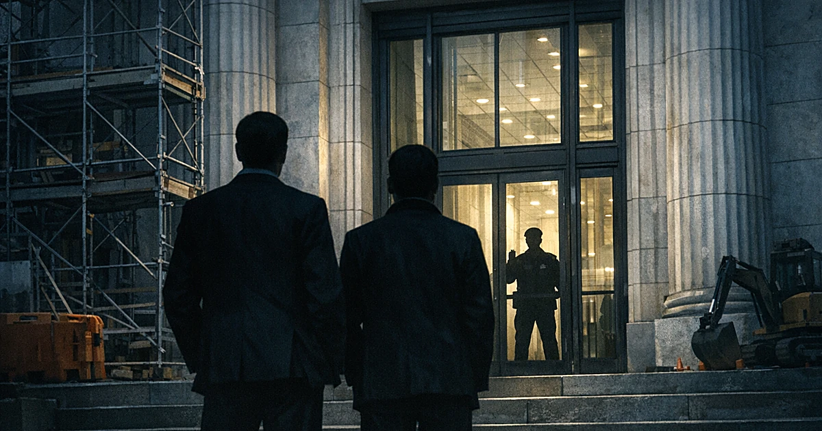 Two silhouetted figures facing closed entrance of large institutional building with construction scaffolding