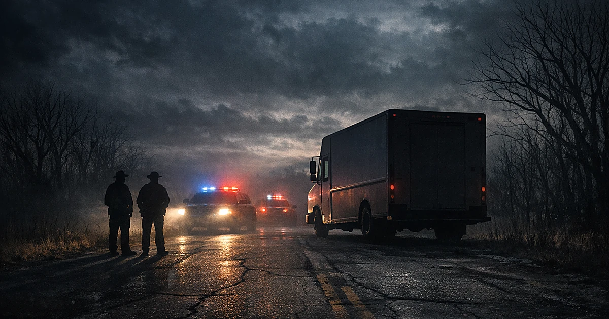Silhouetted delivery truck on isolated rural road illuminated by police vehicle headlights at dusk