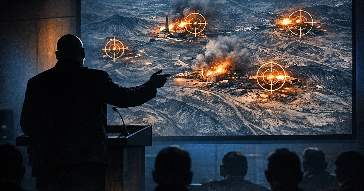 Silhouetted figure at podium presenting satellite imagery of military targets on screen in darkened briefing room