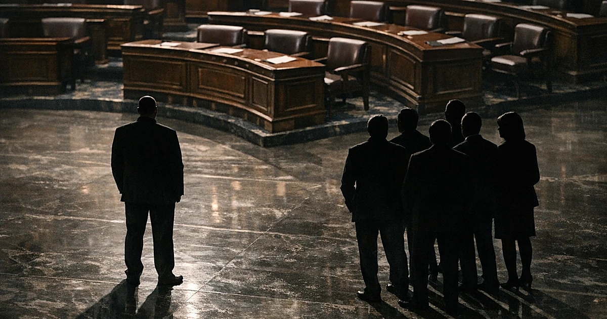 Lone silhouetted figure stands apart from group in legislative chamber, showing political division