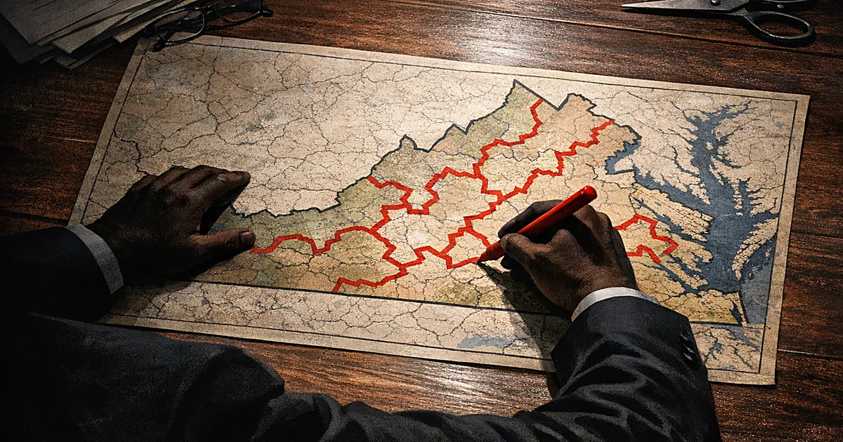 Hands redrawing district boundaries on a Virginia map with a red marker under dramatic lighting