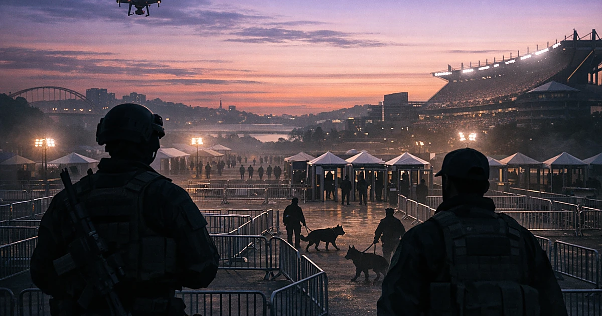 Silhouetted security personnel and K-9 units overlooking stadium venue with barricades and drone overhead at dusk