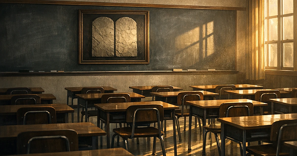 Empty classroom with desks facing wall where Ten Commandments poster hangs, sunlight streaming through windows