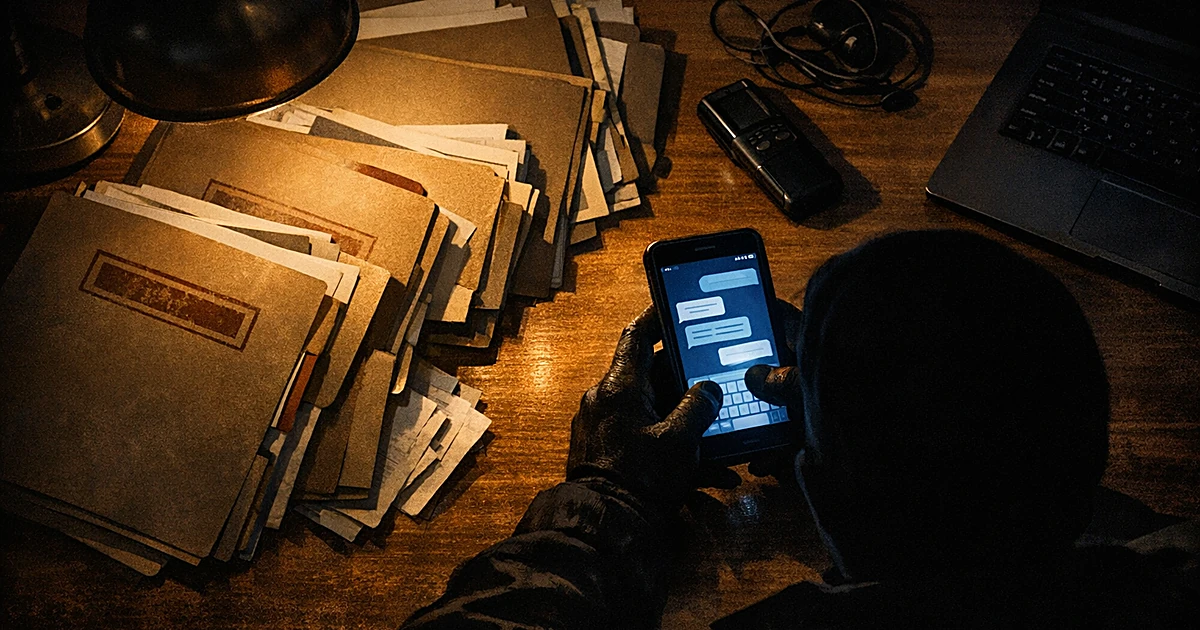 Overhead view of hands using phone next to classified documents on desk in dim lighting