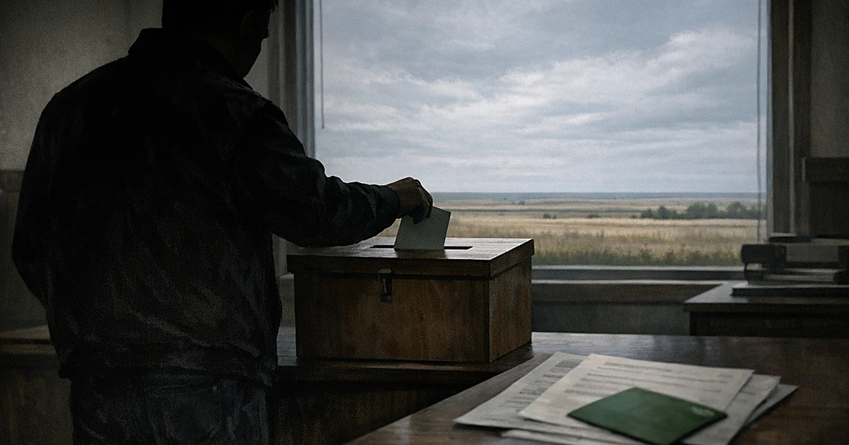 Silhouetted person at ballot box with green card document on desk in small-town government building