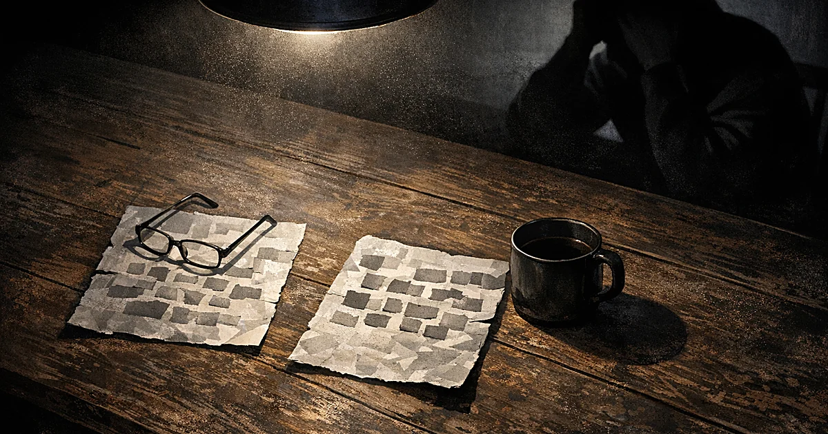 Ransom notes on kitchen table with silhouetted figure in shadows, overhead lamp creating dramatic lighting
