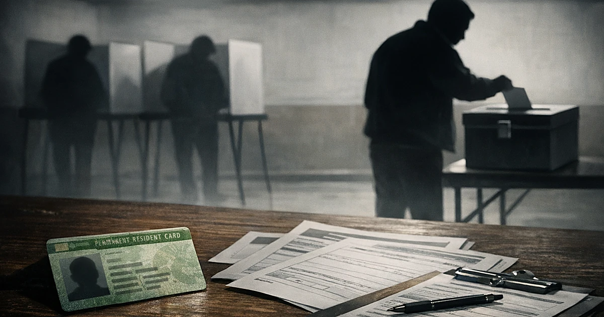 Silhouette at voting booth with green card and election documents on table in foreground