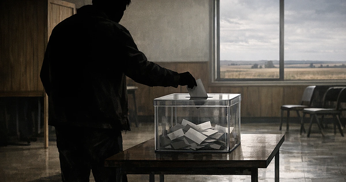 Silhouetted person casting ballot at voting booth with prairie landscape visible through window