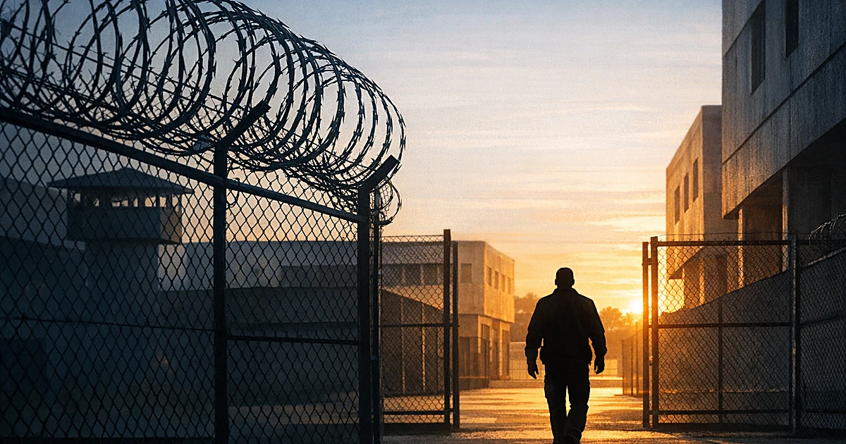 Silhouetted figure leaving prison facility with razor wire fencing, walking toward light beyond institutional barriers