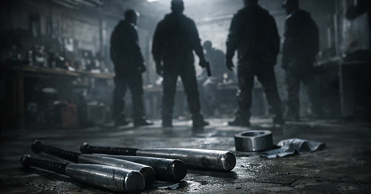 Aluminum bats on garage floor with silhouetted figures in shadows, depicting scene of violent confrontation