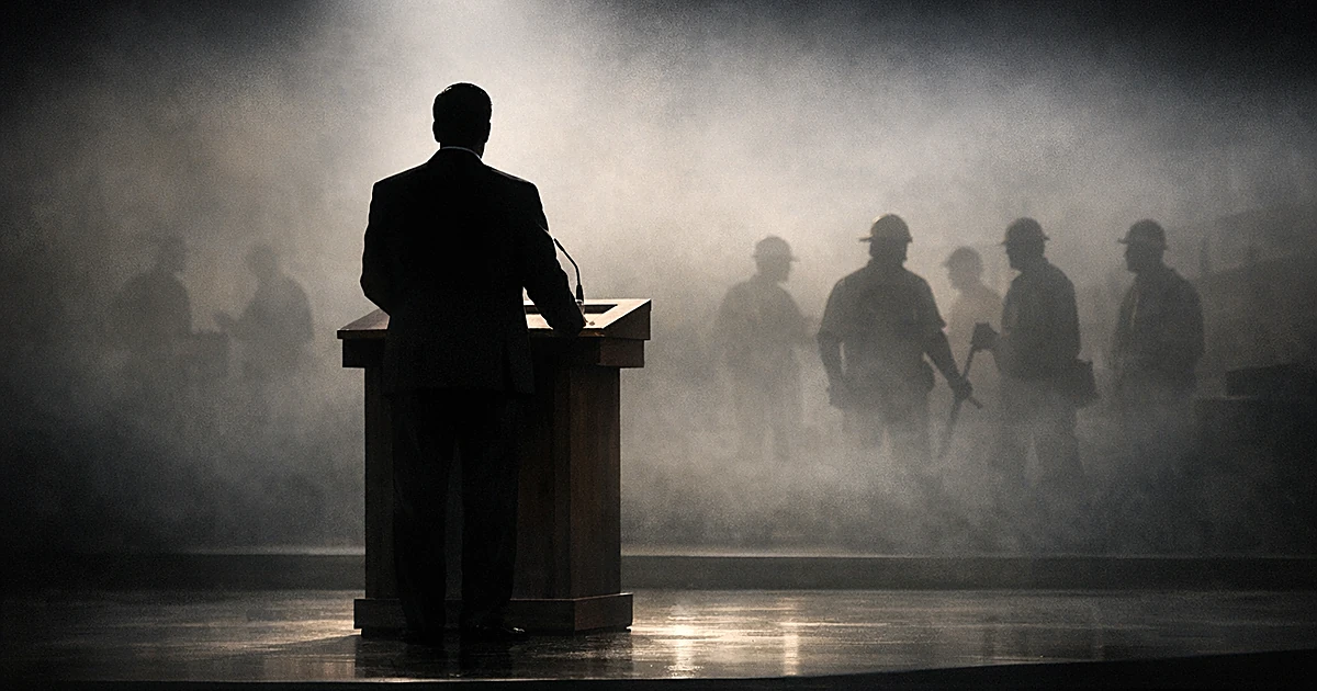 Silhouetted businessman at podium with distant worker silhouettes separated by atmospheric haze in background