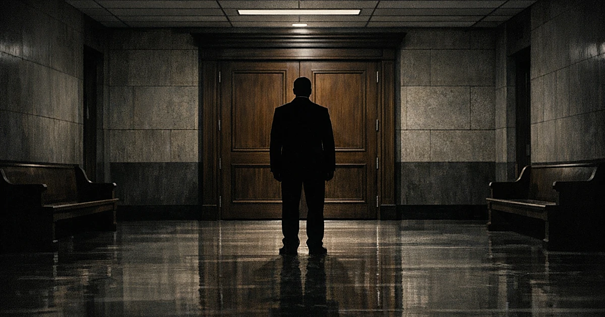 Silhouetted figure standing before courthouse doors in empty institutional hallway with dramatic shadows