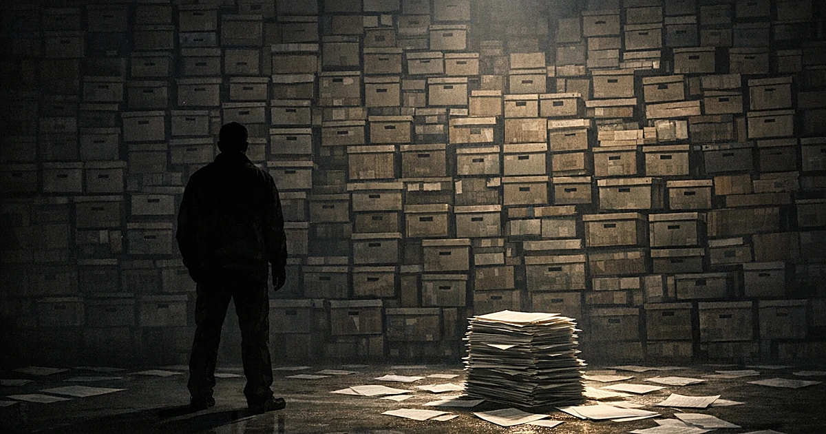 Silhouetted figure facing massive wall of filing cabinets and document boxes, with small stack of papers in foreground