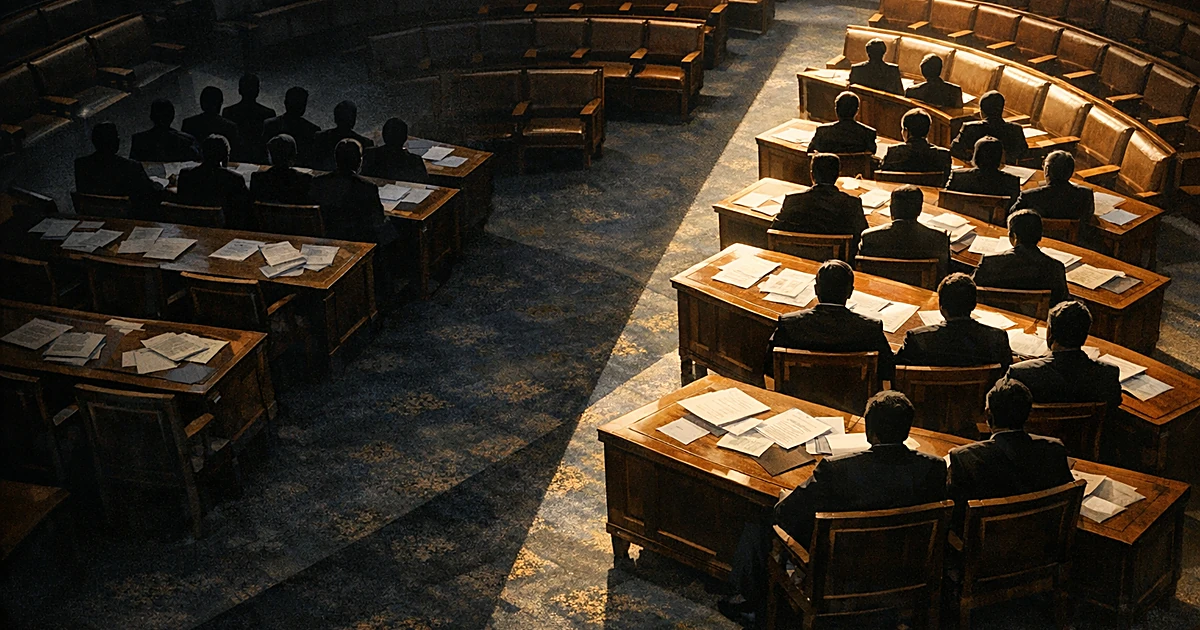 Legislative chamber with ten desks separated by dramatic lighting, showing division within rows of wooden furniture