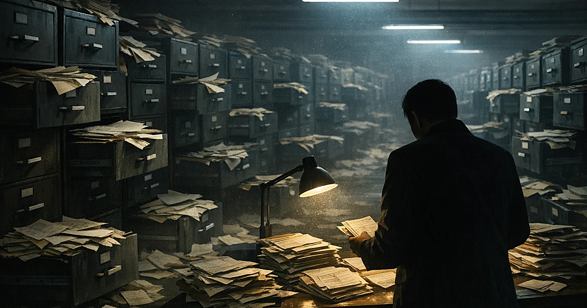 Silhouetted figure examining deteriorating voter registration documents in vast archive room with overflowing files