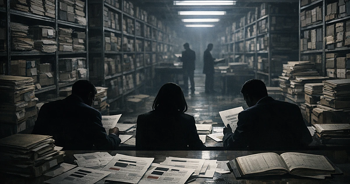 Silhouetted officials reviewing voter registration documents in a vast government archive filled with filing cabinets