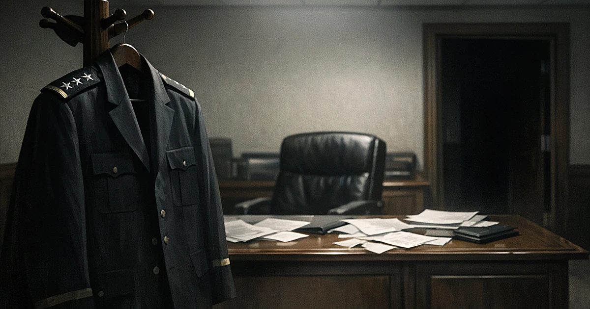 Empty military office with uniform on coat stand, vacant chair, and scattered papers suggesting sudden leadership departure