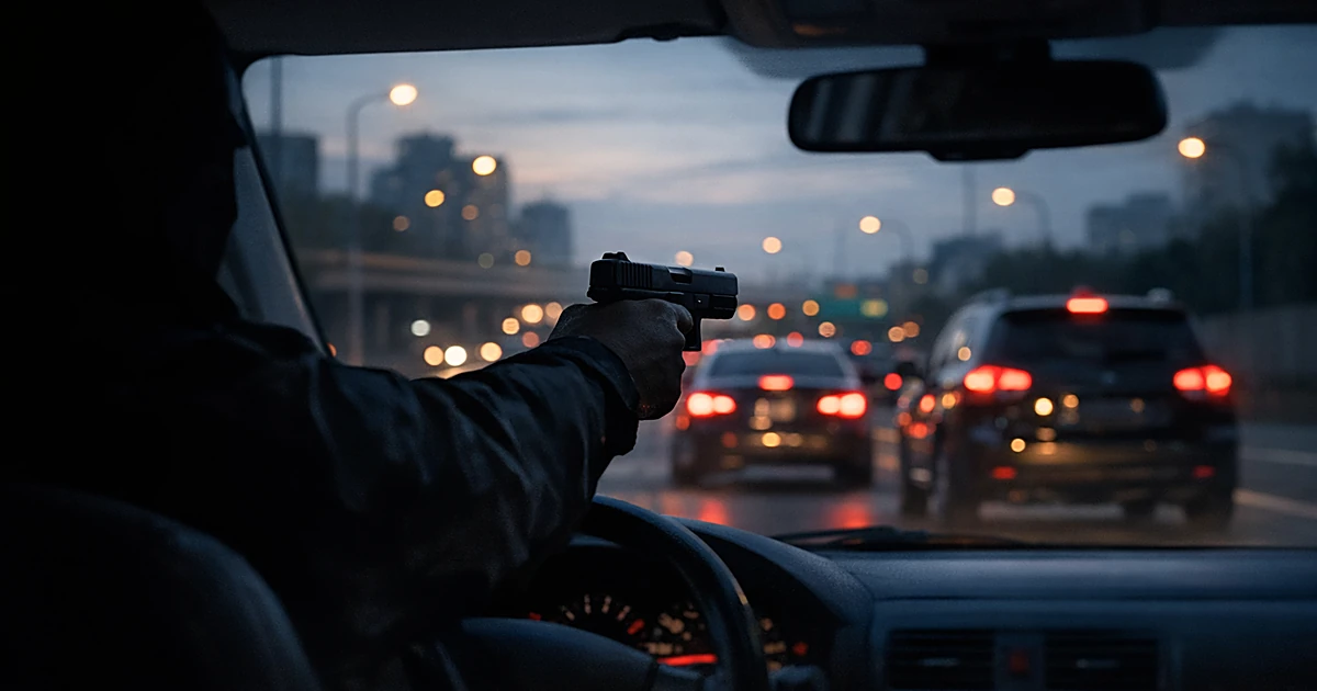 Silhouette of hand holding gun extended from car window toward other vehicles on highway at dusk