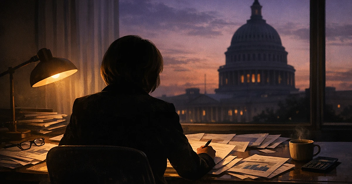 Silhouette of person writing at desk with Capitol building visible through window at dusk