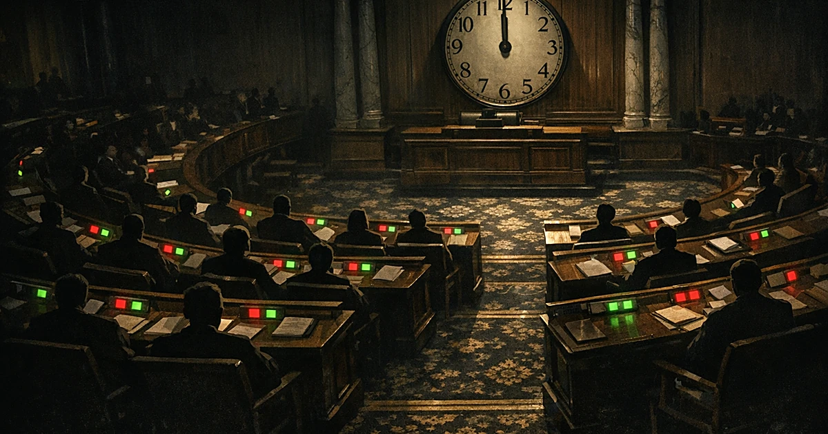 Overhead view of legislative chamber with voting lights and clock showing near midnight, silhouetted figures at desks