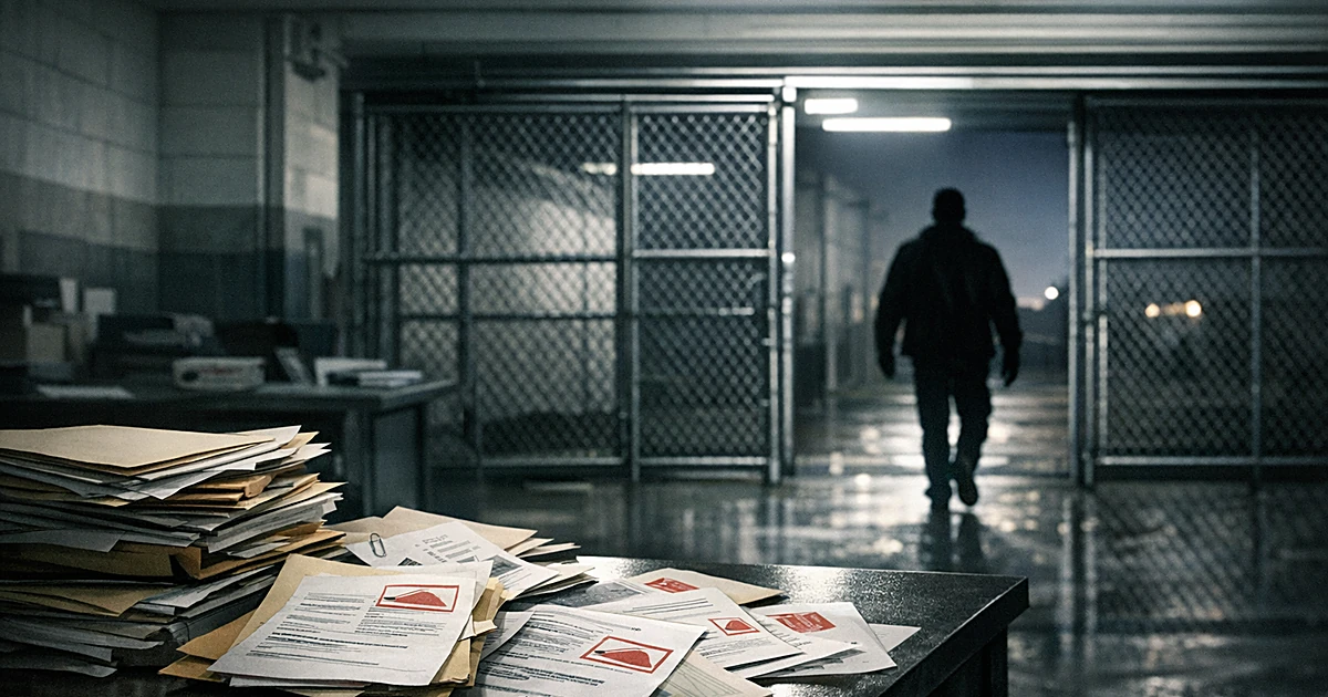 Silhouetted person leaving open detention gate as documents with red warning stamps lie scattered on unmanned desk