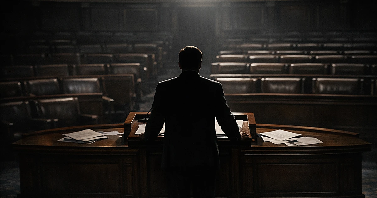 Silhouetted figure at podium facing empty legislative chamber seats in dramatic lighting