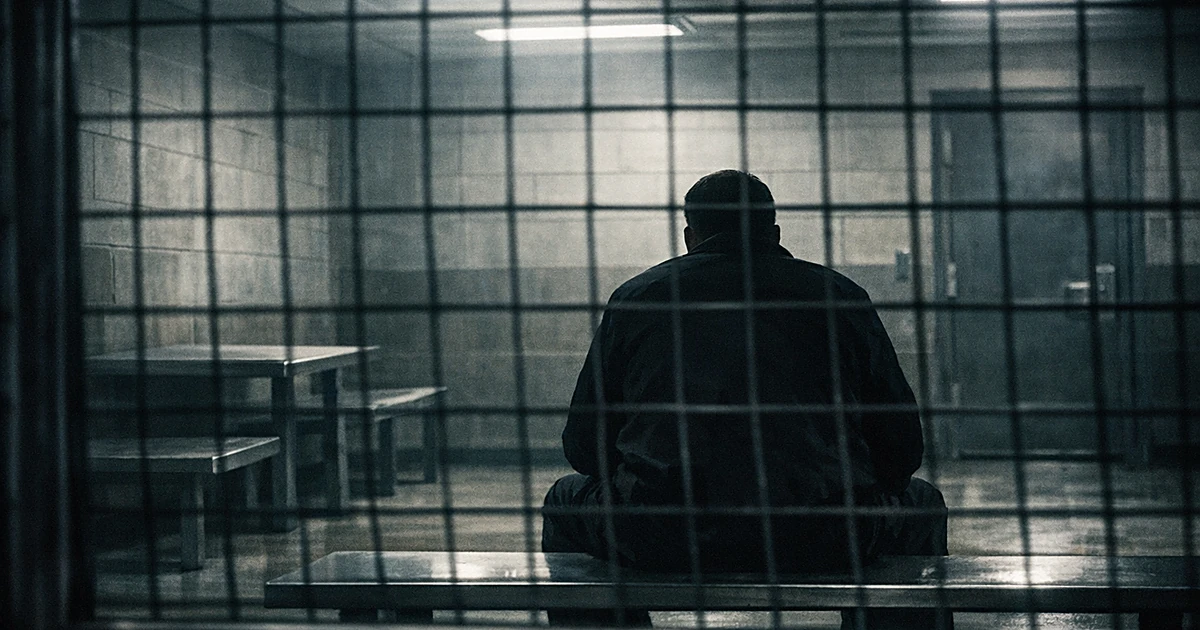 Silhouetted figure seated in detention facility room viewed through mesh barrier with harsh institutional lighting