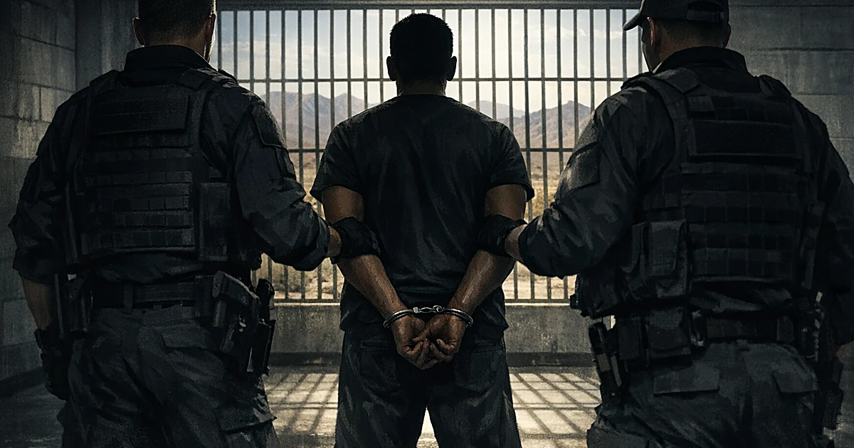 Silhouetted detainee flanked by officers from behind in detention facility with desert visible through barred window