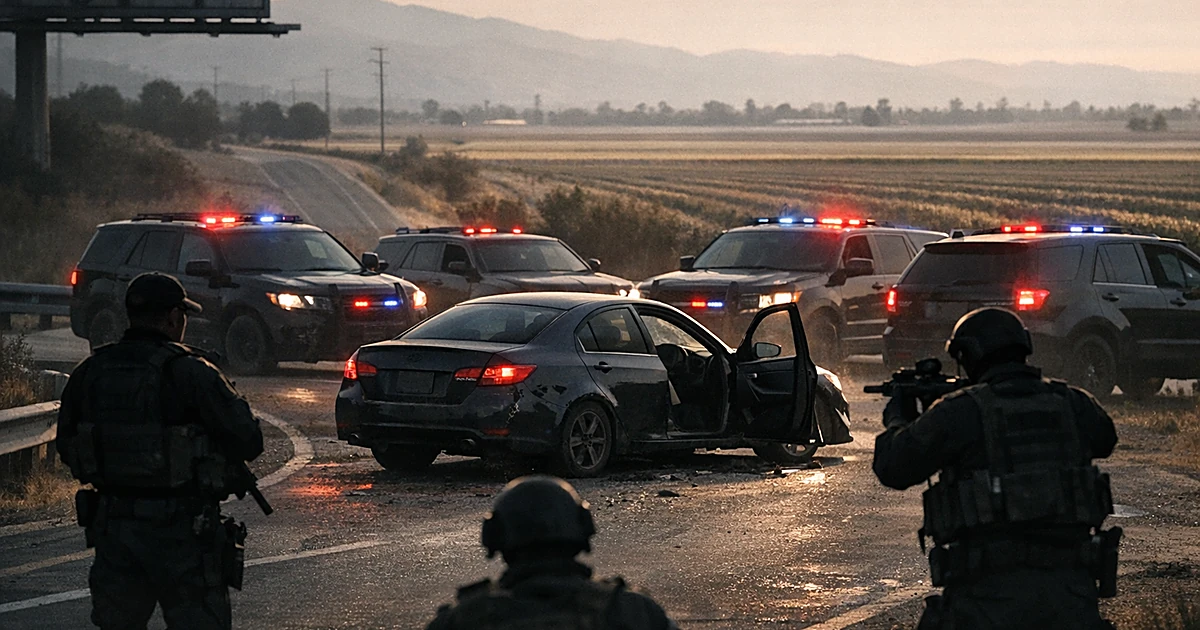 Vehicle surrounded by law enforcement SUVs with emergency lights on highway ramp near agricultural fields