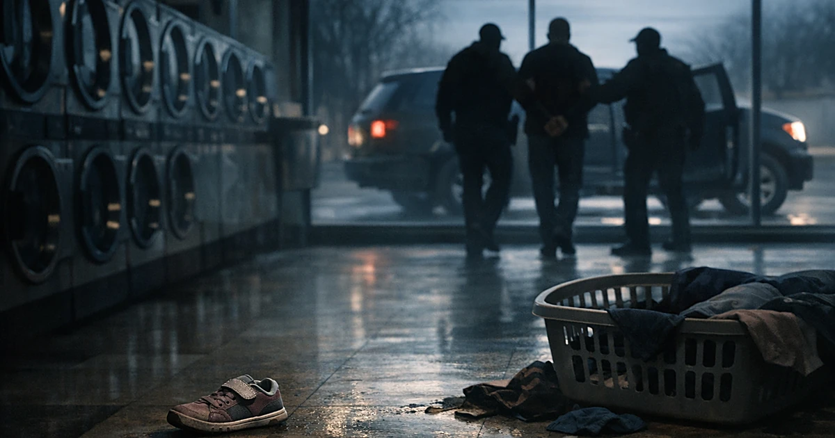 Empty laundromat interior with abandoned child's shoe on floor, silhouettes visible through windows outside