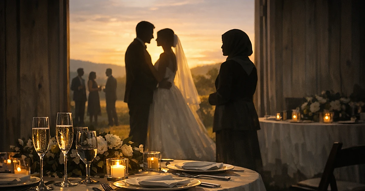 Silhouettes at a wedding reception with formal table setting in countryside venue