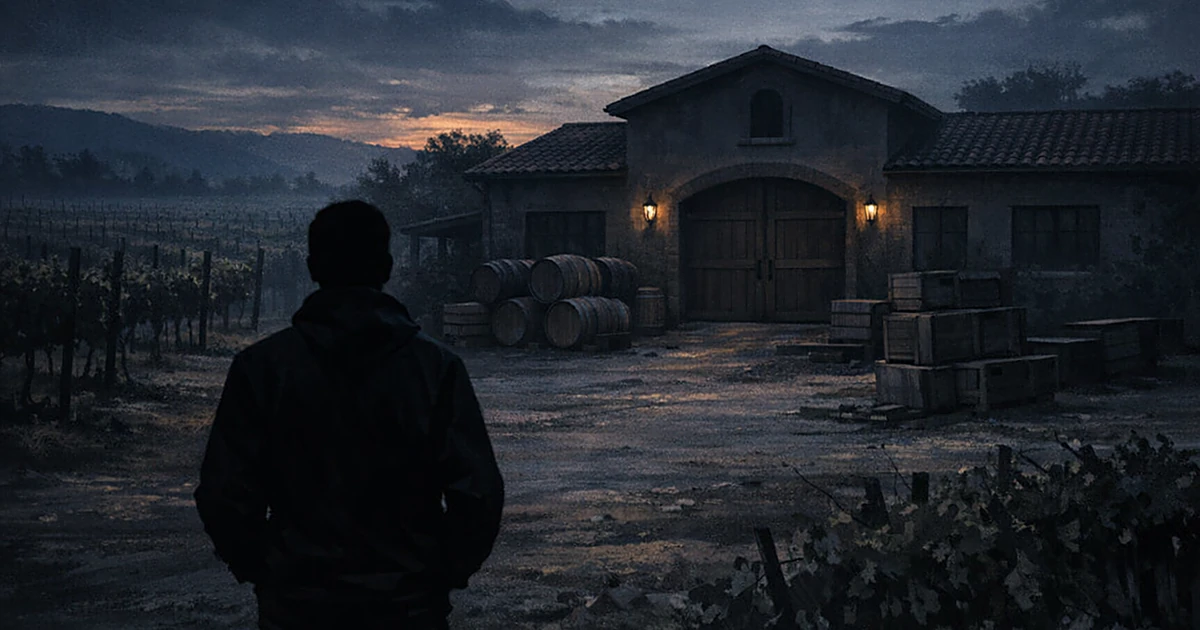 Silhouetted person facing closed winery building at dusk with abandoned wine barrels and empty vineyard rows