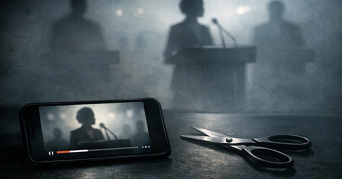 Smartphone showing partially played video with scissors nearby, silhouettes of people at podiums in background