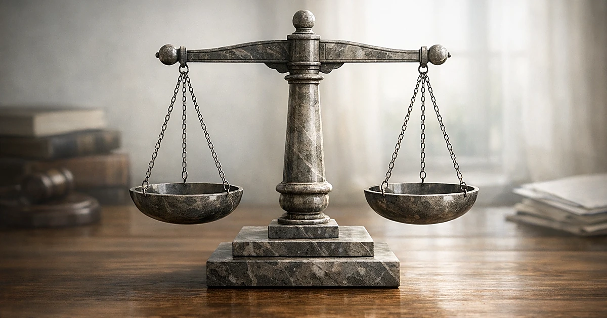 Stone scales of justice on wooden surface with soft natural lighting