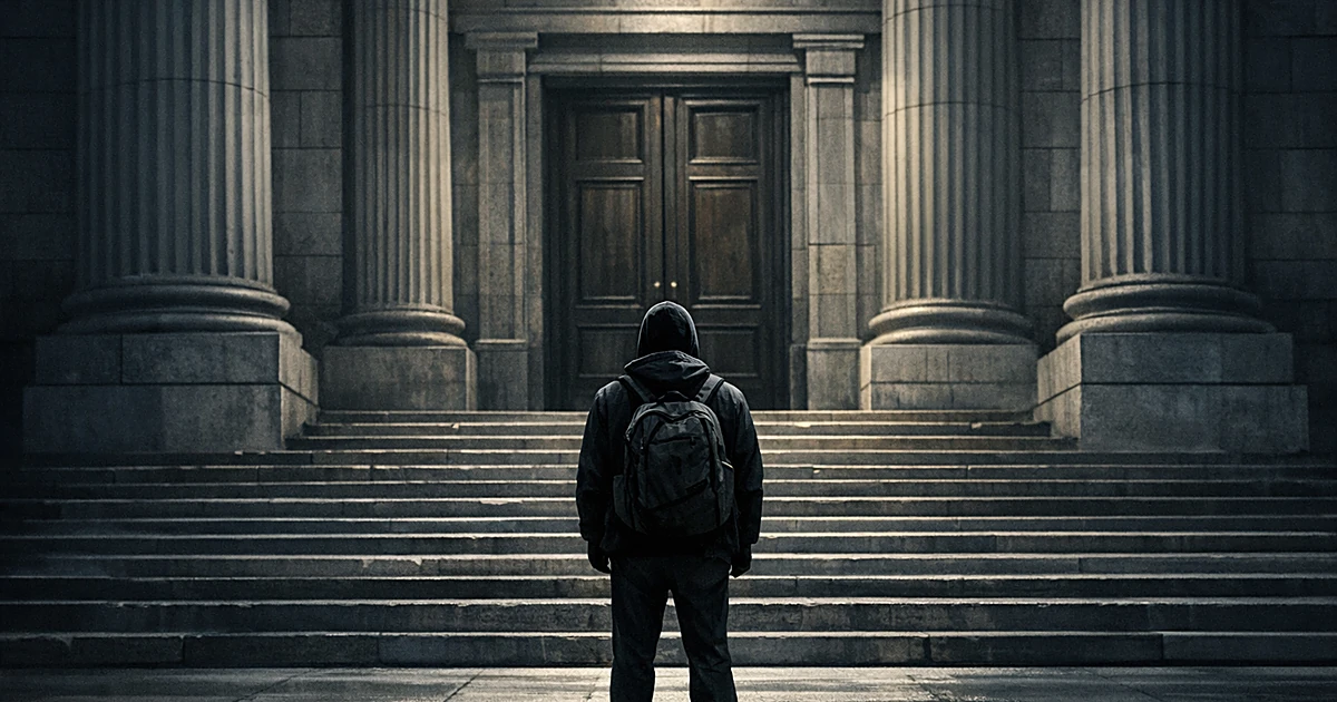 Silhouetted person from behind facing large government building entrance with columns and steps