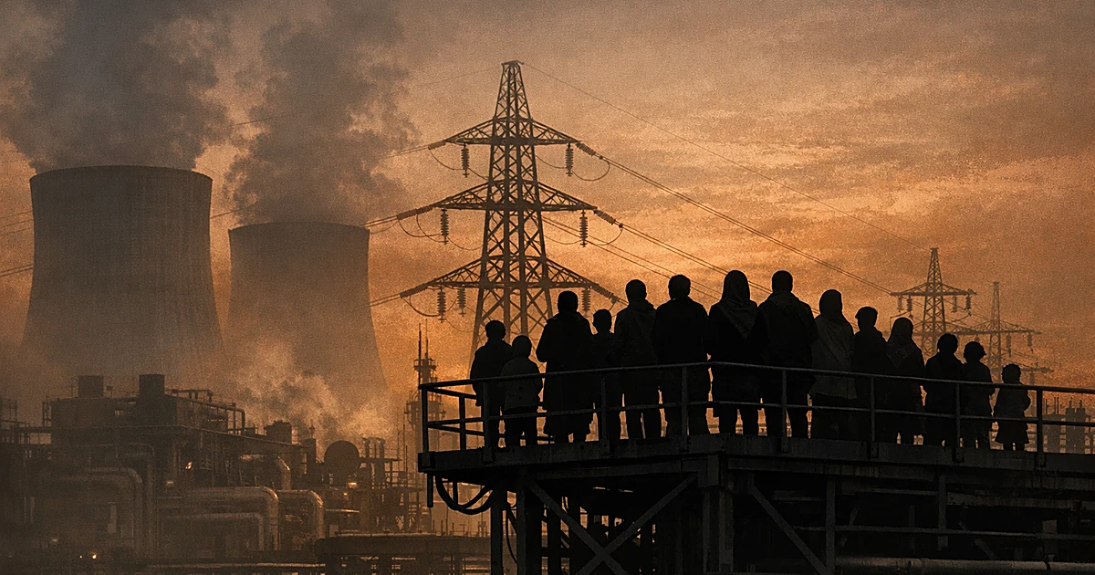 Silhouettes of people standing on power plant infrastructure against an orange sky