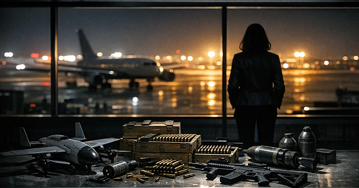 Silhouetted person at airport terminal with confiscated drone parts and ammunition on inspection table in foreground