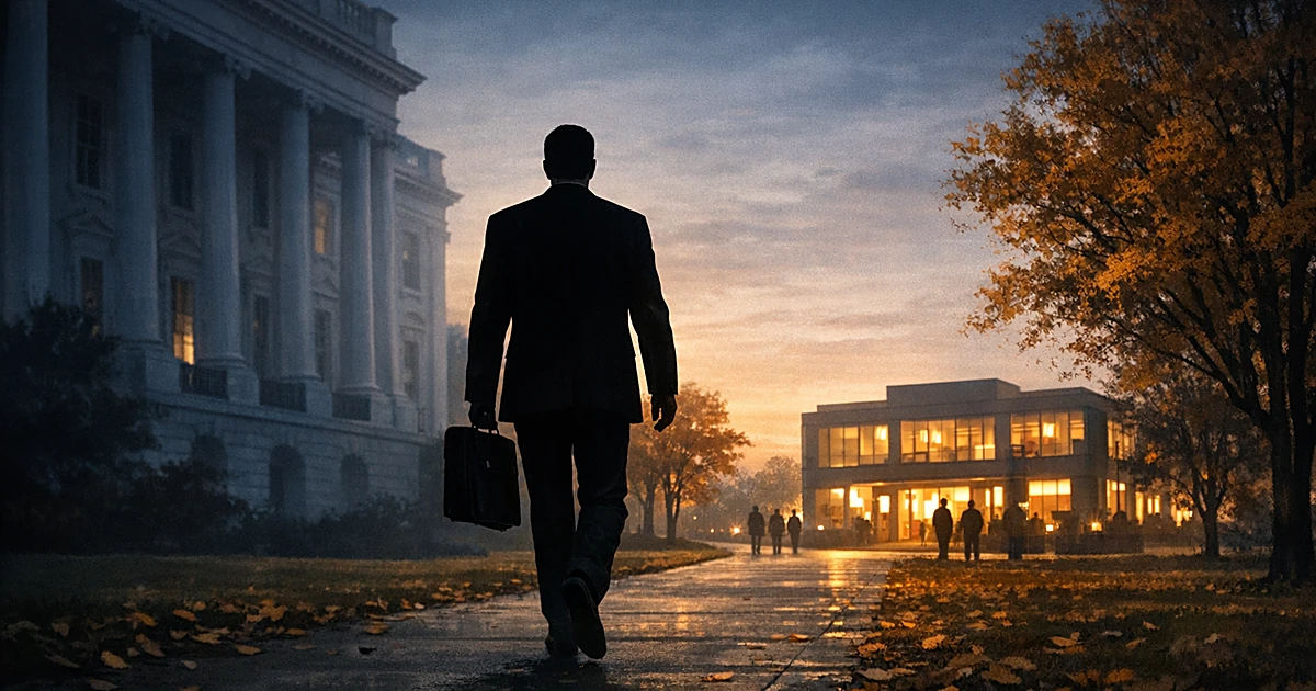 Silhouetted figure walking from columned building toward campaign office at dusk carrying briefcase