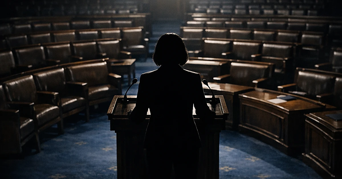 Silhouetted figure at podium facing empty congressional chamber seats with dramatic overhead lighting