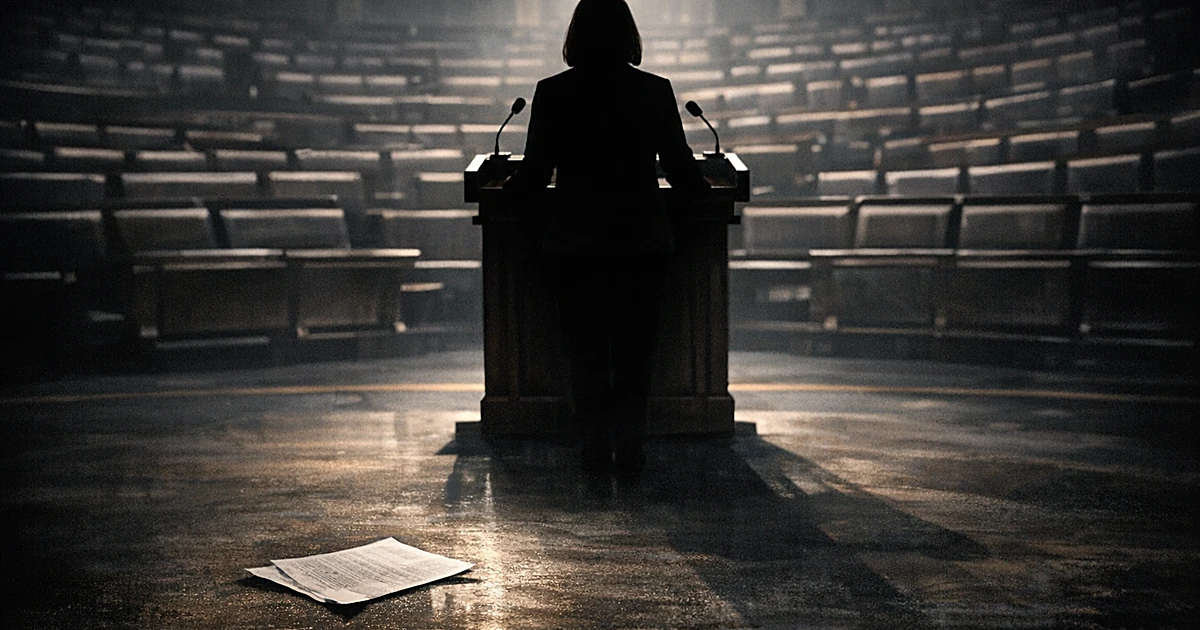 Silhouetted speaker at podium facing empty congressional chamber with abandoned document on floor