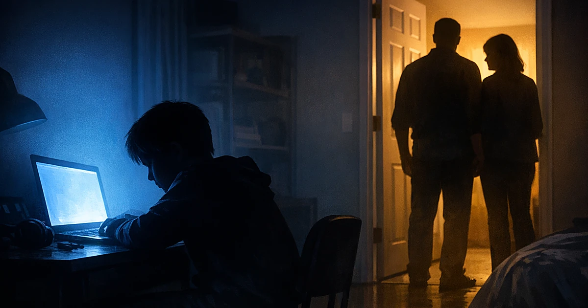 Silhouetted boy at laptop with concerned parent silhouettes watching from doorway in contrasting light