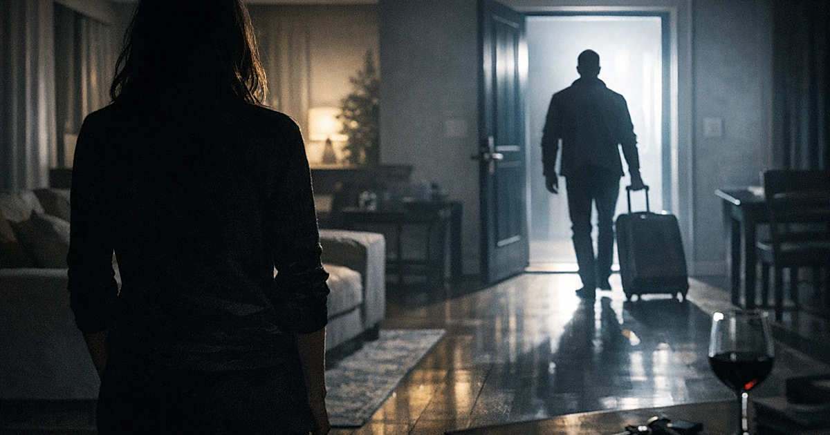 Silhouetted figures in home interior, one departing with luggage while another stands alone in foreground