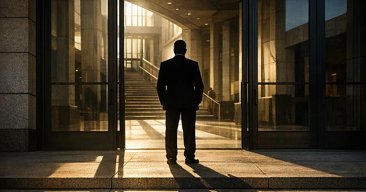 Silhouetted figure entering a federal courthouse building with dramatic lighting and long shadows