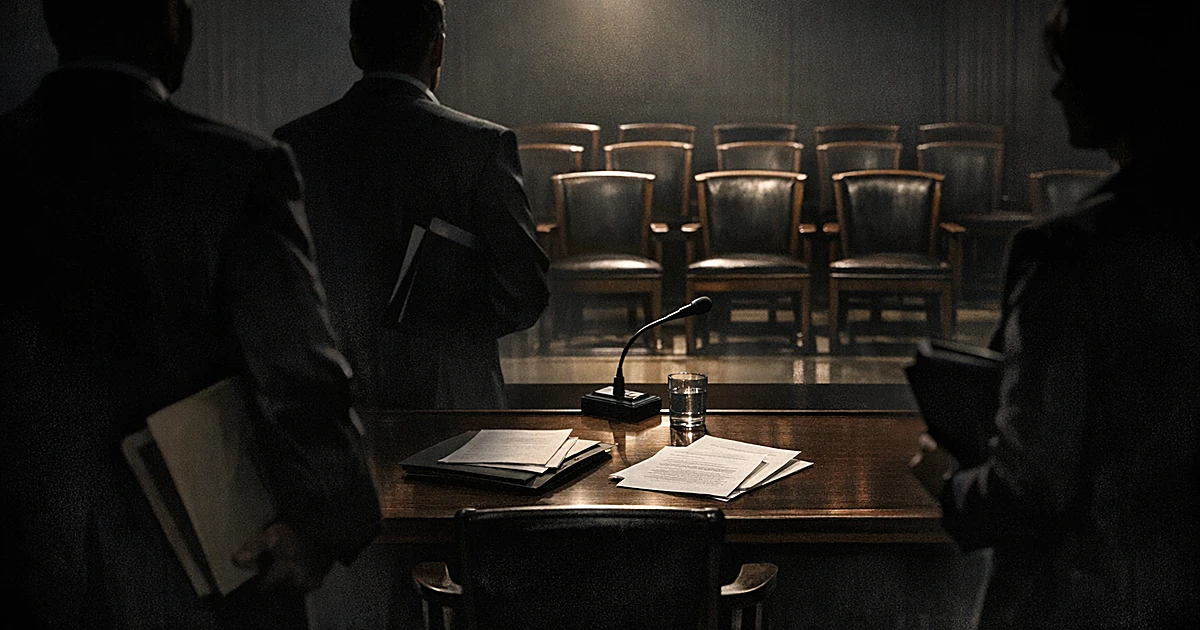Dark grand jury room with silhouetted figures from behind, empty chairs, and documents on table under dramatic lighting