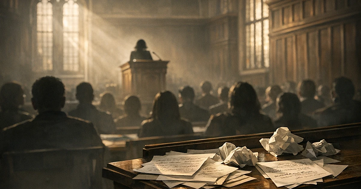 Silhouetted figures in a Gothic lecture hall with scattered papers on a desk, dramatic window light creating shadows