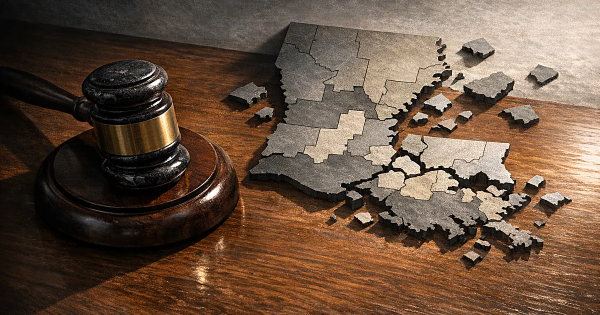Gavel beside fragmenting Louisiana district map with pieces breaking apart on wooden surface