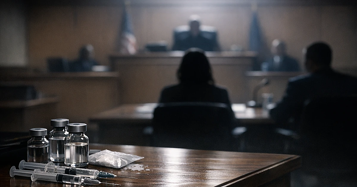 Courtroom scene with silhouetted defendant and evidence table displaying vials and syringes in foreground